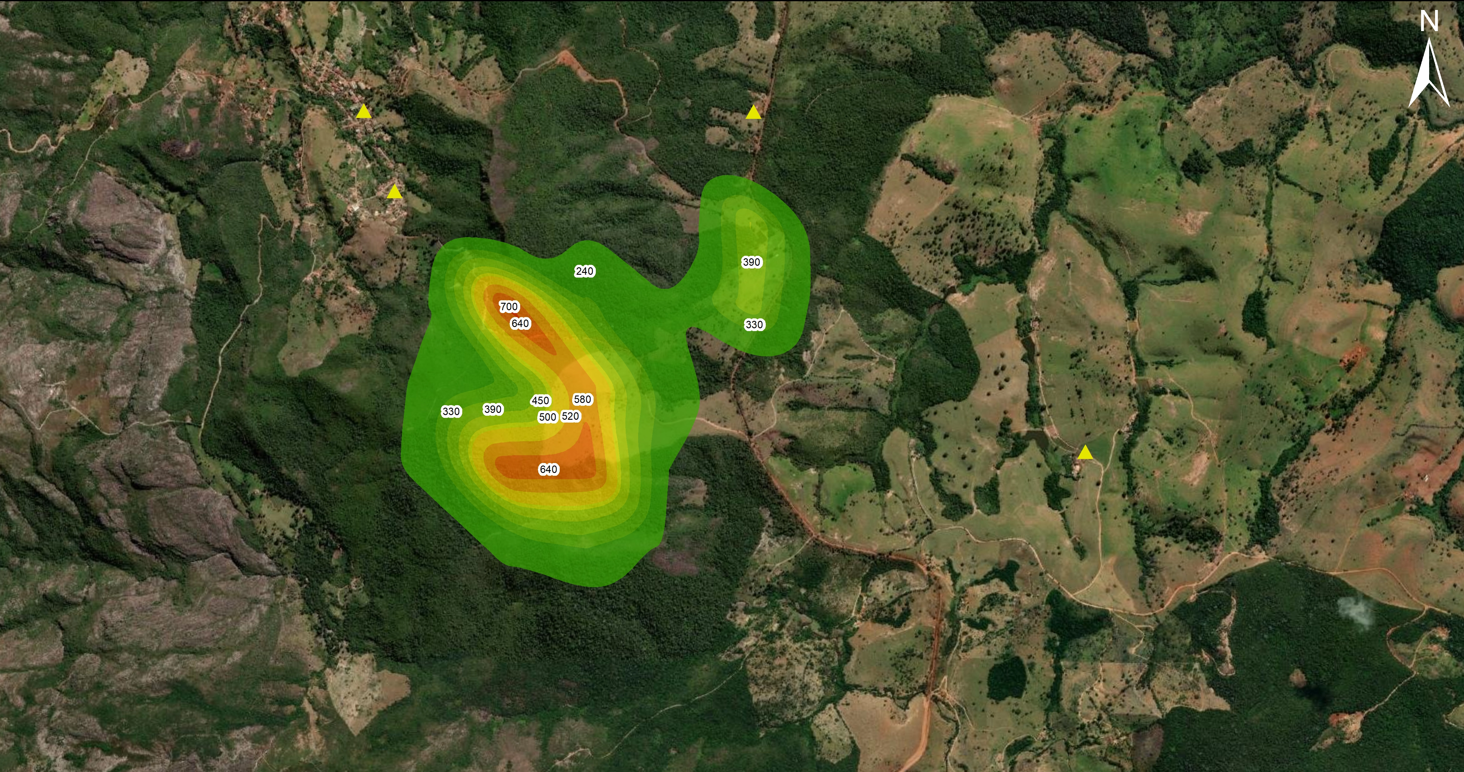 Gráfico de dispersão atmosférica sobre paisagem industrial